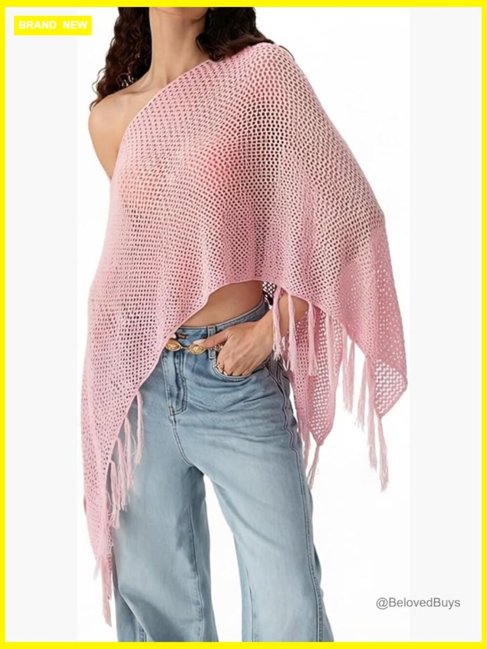 Women Sequin Knit Poncho Fringe Hem Off Shoulder Sheer Shrug Cover Up
